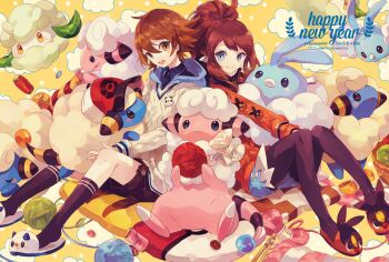 10s 1boy 1girl aran_sweater baseball_cap black_socks blouse blue_eyes blue_shirt borrowed_clothes brown_eyes brown_hair cable_knit character_doll chinese_zodiac clothed_pokemon collared_shirt copyright_name cottonee denim denim_shorts doll english_text flaaffy gen_2_pokemon gen_3_pokemon gen_5_pokemon happy_new_year hat high_ponytail hilbert_(pokemon) hilda_(pokemon) kneehighs mareep new_year nintendo pantyhose pantyhose_under_shorts poke_ball_symbol pokemon pokemon_(creature) pokemon_bw ponytail ribbed_sweater scarf shirt shorts sitting socks swablu sweater unworn_scarf v-neck welchino yarn yarn_ball year_of_the_goat yellow_background