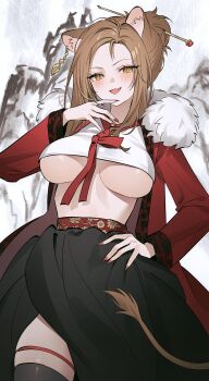 1girl animal_ears black_skirt breasts brown_hair coat commission cowboy_shot crop_top fang fur_collar fymrie hair_bun hair_ornament hairpin hand_on_own_hip hand_up highres jeogori_(clothes) large_breasts long_hair long_sleeves looking_at_viewer midriff no_bra open_clothes open_coat open_mouth orange_eyes original red_coat second-party_source shirt skirt smile solo thigh_strap underboob white_shirt
