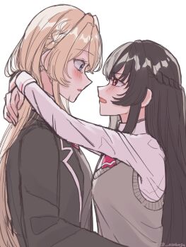 Rule 34 | 2girls, arms around neck, asakage, ashigaya high school uniform, black hair, black jacket, blonde hair, blue eyes, blush, braid, commentary request, eye contact, grey sweater vest, half up braid, highres, jacket, koto satsuki, long hair, looking at another, multiple girls, open mouth, ouzuka mai, red eyes, school uniform, shirt, simple background, sweater vest, tears, watashi ga koibito ni nareru wake naijan murimuri!, white background, white shirt, yuri