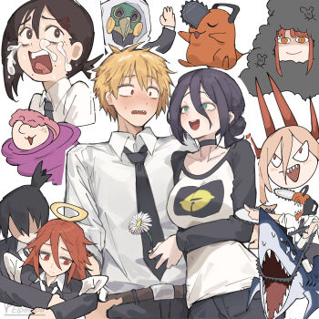 4boys 4girls absurdres alternate_form angel_devil_(chainsaw_man) beam_(chainsaw_man) black_choker black_hair black_necktie black_pants blonde_hair brown_eyes brown_hair chainsaw_man choker closed_mouth collared_shirt commentary_request crying crying_with_eyes_open denji_(chainsaw_man) flower grenade_pin hair_between_eyes hair_ornament hairclip halo hayakawa_aki higashiyama_kobeni highres holding holding_flower horns iparupua long_sleeves makima_(chainsaw_man) medium_hair multiple_boys multiple_girls necktie open_mouth pants plague_doctor_mask pochita_(chainsaw_man) ponytail power_(chainsaw_man) red_eyes red_hair red_horns reze_(chainsaw_man) ringed_eyes shark sharp_teeth shirt short_hair short_ponytail smile tears teeth typhoon_devil_(chainsaw_man) violence_fiend_(chainsaw_man) white_flower white_shirt yellow_halo