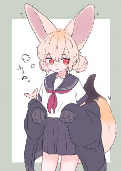 1girl absurdres animal_ears averting_eyes black_coat black_sailor_collar black_skirt coat commentary_request cowboy_shot double-parted_bangs double_bun fox_ears fox_girl fox_tail grey_background hair_between_eyes hair_bun highres large_ears megateru motion_lines off_shoulder open_clothes open_coat original outside_border pleated_skirt sailor_collar shirt short_hair short_sleeves sidelocks skirt solo standing tail thighs white_background white_shirt