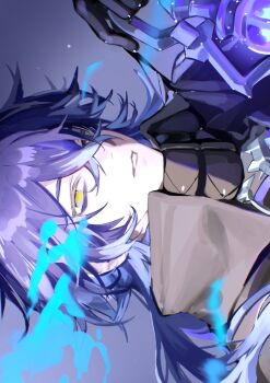 1boy bags_under_eyes black_coat blue_background blue_fire blue_hair coat collared_coat curly_hair fire flins_(genshin_impact) genshin_impact glowing grey_hair hair_between_eyes hashtag-only_commentary highres holding holding_lantern lantern long_hair looking_at_viewer looking_to_the_side miroku_(butuzo33) multicolored_hair no_pupils parted_lips shade solo teeth upper_body yellow_eyes