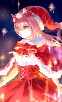 1girl alternate_costume alternate_hairstyle animal_ears bow commentary ear_bow ear_covers flower flower-shaped_pupils flower_in_eye flower_on_head haru_urara_(umamusume) hat highres horse_ears horse_girl horse_tail inishie_kumo long_hair pink_eyes pink_hair santa_costume santa_hat shirt smile solo symbol-shaped_pupils symbol_in_eye tail umamusume