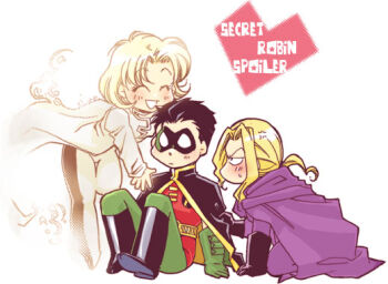 1boy 2girls :d ^_^ anger_vein angry animification batman_(series) belt black_cape black_hair blonde_hair blush bodysuit boots cape character_name chibi cloak closed_eyes couple dc_comics domino_mask empty_eyes eye_mask ghost gloves green_gloves greta_hayes happy heart hug hug_from_behind jika-tabi kneeling leaning_forward mask multiple_girls nekomiso o_o on_floor open_mouth ponytail purple_cape red_shirt robin_(dc) secret_(dc) shirt simple_background sitting smile split-toe_footwear spoiler_(dc) spoilers standing stephanie_brown surprised sweatdrop tim_drake white_background wide-eyed wide_sleeves yellow_belt young_justice