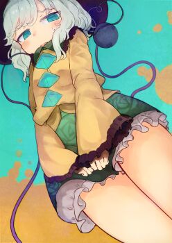 1girl absurdres black_hat blush commentary_request eyeball floral_print frilled_shirt_collar frilled_skirt frilled_sleeves frills from_below green_eyes green_hair green_skirt hat heart highres komeiji_koishi long_sleeves looking_at_viewer open_mouth print_skirt rose_print shirt skirt skirt_tug solo sweatdrop third_eye toroid_(621997) touhou wide_sleeves yellow_shirt