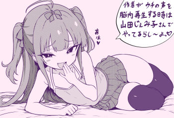 1girl :d absurdres ahoge bare_shoulders bow collarbone fang greyscale hair_ornament highres jamilsaga loli long_hair looking_at_viewer lying mesugaki monochrome open_mouth original skirt smile smug speech_bubble thighhighs thighs translation_request twintails