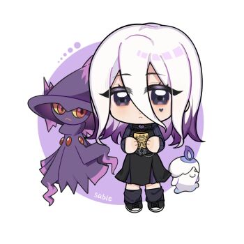 1girl black_dress black_eyes cheek_tattoo chibi crossover dead_by_daylight dress gen_4_pokemon gen_5_pokemon hair_between_eyes heart heart_tattoo highres litwick long_hair looking_at_viewer mismagius nintendo ozimo_azer pokemon pokemon_(creature) sable_ward solo tattoo white_hair