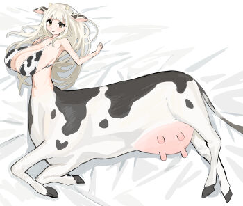 1girl absurdres animal_print bfmelu bikini breasts centauroid cow_girl cow_print highres huge_breasts lying on_side original swimsuit taur udder