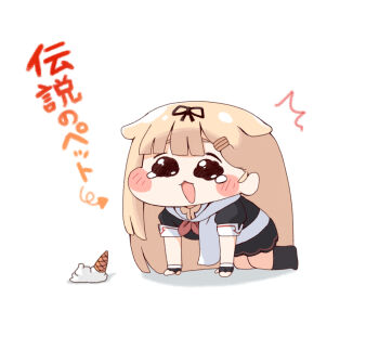 1girl :3 ^^^ all_fours black_shirt black_skirt blonde_hair chibi commentary_request diyap_(style) dyson_(edaokunnsaikouya) fingerless_gloves food full_body gloves hair_flaps hair_ribbon highres ice_cream kantai_collection long_hair meme open_mouth ribbon scarf shirt simple_background skirt solo speakiposting_(meme) tearing_up trickcal white_background white_scarf yuudachi_(kancolle) yuudachi_kai_ni_(kancolle)