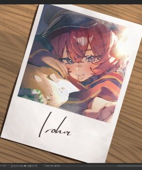 1girl art_program_in_frame betabeet black_hat blue_archive character_name hat iroha_(blue_archive) long_hair long_sleeves looking_at_viewer pink_hair polaroid_photo purple_eyes solo