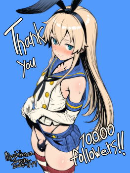 1boy black_hairband black_panties blonde_hair blue_background blue_eyes blue_skirt blush clothes_lift cowboy_shot dated elbow_gloves from_side gloves hairband kantai_collection lifting_own_clothes long_hair looking_at_viewer looking_to_the_side male_focus milestone_celebration miyabikawa_sakura panties penis penis_peek shimakaze_(kancolle) shirt simple_background skirt skirt_lift sleeveless sleeveless_shirt solo striped_clothes striped_thighhighs thank_you thighhighs trap underwear white_gloves white_shirt