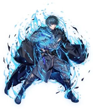 1boy armor attack aura battle_damage belt black_armor black_belt black_boots black_cape black_gloves black_pants blue_aura blue_eyes blue_hair book boots cape closed_mouth commentary dagger damaged emblem_(fire_emblem_engage) english_commentary fighting_stance fire_emblem fire_emblem:_three_houses fire_emblem_engage fire_emblem_heroes fujisaka_kimihiko full_body gloves holding holding_book knife long_sleeves male_byleth_(fire_emblem) male_focus nintendo official_art pants sheath sheathed shirt short_hair simple_background solo third-party_source torn_clothes torn_pants torn_shirt weapon white_background