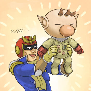 2boys armor backlighting big_nose blue_bodysuit bodysuit bracer brown_hair buttons captain_falcon closed_eyes collared_bodysuit commentary_request emphasis_lines f-zero full_body gloves goggles height_difference helmet high_collar lifting_person male_focus multiple_boys naru_(wish_field) nintendo no_headwear no_mouth olimar open_mouth orange_background patch pauldrons pikmin_(series) pointy_ears red_gloves red_helmet short_hair shoulder_armor single_pauldron smile spacesuit super_smash_bros. teeth upper_body upper_teeth_only very_short_hair yellow_gloves