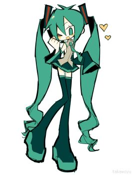 &gt;_o 1girl ;d absurdly_long_hair antenna_hair aqua_eyes aqua_hair aqua_necktie aqua_trim artist_name bare_shoulders black_boots black_skirt black_sleeves boots clenched_hand collared_shirt colored_shoe_soles detached_sleeves dot_nose double-parted_bangs flat_chest flat_color full_body grey_shirt hair_between_eyes hair_ornament hand_up hashtag-only_commentary hatsune_miku headset heart highres knees_together_feet_apart long_hair long_sleeves looking_at_viewer miniskirt necktie no_pupils one_eye_closed open_mouth pale_skin pleated_skirt shirt simple_background skirt sleeveless sleeveless_shirt sleeves_past_fingers sleeves_past_wrists smile solo standing takawoyu thigh_boots thighhighs twintails very_long_hair vocaloid wavy_hair white_background wide_sleeves zettai_ryouiki
