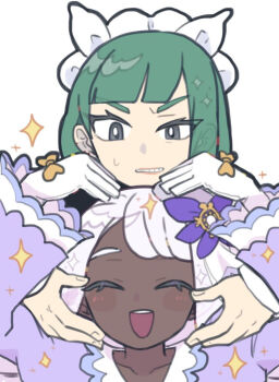 2girls :d closed_eyes dark-skinned_female dark_skin dress frills furrowed_brow glove_bow green_hair hands_up heart heart_hands heart_hands_duo jacinthe_(pokemon) kita_senju lebanne_(pokemon) maid_headdress master_and_servant multiple_girls nervous_sweating nintendo open_mouth pokemon pokemon_legends:_z-a purple_dress smile sparkle sweat sweatdrop teeth upper_teeth_only white_background white_hair yuri