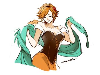 1girl agnea_bristarni anonatsutods artist_name black_headband blue_tabard breasts brown_hair closed_mouth commentary_request dancer green_sash headband jacket jacket_on_shoulders jacket_over_shoulder layered_clothes long_braid octopath_traveler octopath_traveler_ii popped_collar sash short_hair simple_background sleeve_cuffs solo tabard undershirt unworn_jacket yellow_jacket