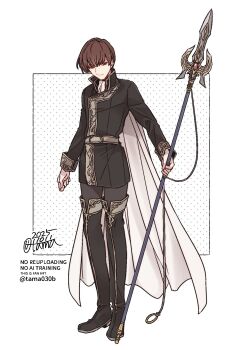 1boy ben-day_dots black_boots black_coat boots brown_eyes brown_hair cape closed_mouth coat commentary_request dated fire_emblem fire_emblem:_genealogy_of_the_holy_war full_body gae_bolg_(fire_emblem) high_collar highres holding holding_polearm holding_weapon long_sleeves male_focus nintendo polearm quan_(fire_emblem) sayu030b screentones short_hair signature simple_background solo standing thigh_boots watermark weapon white_background white_cape