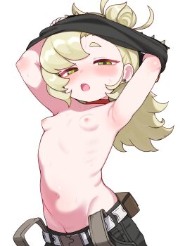 1girl absurdres armpits black_shirt blonde_hair breasts commentary earrings english_commentary green_eyes highres jewelry lk149 loli long_hair looking_at_viewer navel nipples open_mouth piper_wheel shirt simple_background small_breasts solo stud_earrings thick_eyebrows undressing upper_body white_background zenless_zone_zero