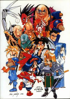 ... 2girls 6+boys ainu_clothes armor black_hair blonde_hair blue_eyes blue_hair boots braid charlotte_christine_de_colde chibi claw_(weapon) closed_eyes crossed_arms earthquake earthquake_(samurai_spirits) eyepatch fingerless_gloves galford_d_weller gen-an gloves hand_on_own_hip haoumaru hattori_hanzo highres japanese_text legs long_hair long_skirt looking_at_viewer mask multiple_boys multiple_girls muscular muscular_male nakoruru ninja official_art open_mouth pants pointy_hair ponytail salute samurai_spirits serious skirt snk sweatdrop sword tachibana_ukyou tam_tam thighs traditional_media wan-fu weapon yagyuu_juubei_(samurai_spirits)