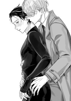 2boys blush closed_eyes coat collared_shirt from_side greyscale hands_on_another's_hips highres katsuki_yuuri kiss lapels long_sleeves looking_down male_focus monochrome multiple_boys nashimura necktie notched_lapels parted_lips shirt short_sideburns sideburns viktor_nikiforov white_background wing_collar yaoi yuri!!!_on_ice