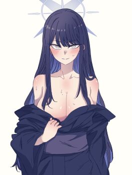1girl absurdres alternate_costume anygatsby black_hair black_kimono blue_archive blue_hair blush breasts cleavage clothes_pull collarbone colored_inner_hair commentary halo highres japanese_clothes kimono kimono_pull large_breasts long_hair looking_at_viewer multicolored_hair pulling_own_clothes saori_(blue_archive) seductive_gaze seductive_smile smile solo straight_hair sweat teasing top_pull two-tone_hair very_long_hair