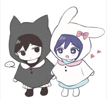 ... 1boy 1girl alternate_costume aubrey_(headspace)_(omori) aubrey_(omori) black_eyes black_hair black_socks blue_shirt bow closed_mouth colored_skin expressionless long_shirt omori omori_(omori) pink_bow purple_eyes purple_hair shirt shorts simple_background socks speech_bubble spoken_ellipsis striped_clothes striped_shorts tareme vertical-striped_clothes vertical-striped_shorts white_background white_shorts white_skin wktdms1