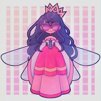 Rule 34 | 1girl, absurdres, black hair, crown, dress, fairy, fairy wings, galaxarch, glasses, highres, kirby (series), kirby 64, long hair, long skirt, looking at viewer, midriff, nintendo, possessed, red eyes, ripple star queen, skirt, smile, strapless, strapless dress, wide sleeves, wings