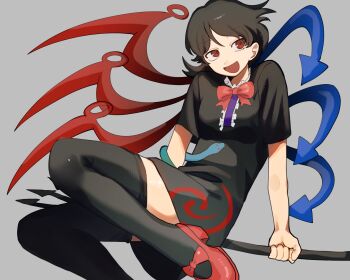 1girl :d absurdres asymmetrical_wings black_dress black_hair black_thighhighs blue_wings bow bowtie breasts center_frills commentary_request dress foot_out_of_frame footwear_bow frills grey_background highres holding holding_behind_back holding_polearm holding_weapon houjuu_nue kingyo_(kingyo11230) looking_at_viewer open_mouth polearm red_bow red_bowtie red_eyes red_shoes red_wings shoes short_hair short_sleeves simple_background small_breasts smile snake solo thighhighs tomoe_(symbol) touhou trident weapon wings