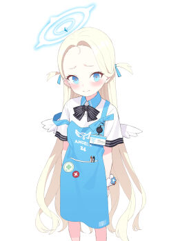 Rule 34 | 1girl, angel's 24 uniform (blue archive), apron, blonde hair, blue apron, blue archive, blue eyes, blush, forehead, halo, highres, id card, long hair, mini wings, object in pocket, odaneru apart, pen in pocket, pocket, polo shirt, scrunchie, simple background, solo, sora (blue archive), very long hair, white background, white wings, wings, wrist scrunchie