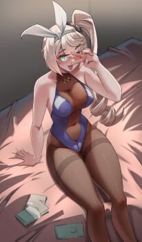 1girl absurdres banknote black_pantyhose blonde_hair bow_hairband girls'_frontline girls'_frontline_2:_exilium green_streaks hairband highleg highleg_one-piece_swimsuit highres implied_prostitution looking_at_viewer money official_alternate_costume on_bed one-piece_swimsuit pantyhose pantyhose_under_swimsuit see-through_clothes see-through_one-piece_swimsuit sharkry_(girls'_frontline_2) sharkry_(swimsuit_idol)_(girls'_frontline_2) side_ponytail star-shaped_pupils star_(symbol) swimsuit symbol-shaped_pupils tascalate tongue