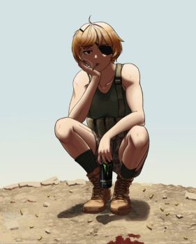1girl blonde_hair blood boots can cigarette combat_boots crouching eyepatch muscular muscular_female shell_casing short_hair shorts smoking socks tank_top