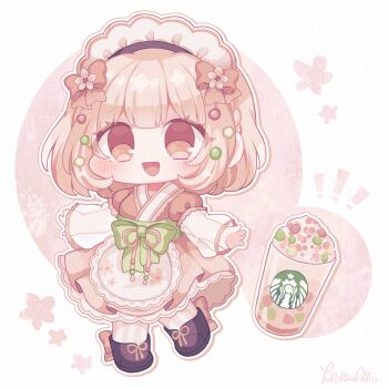 Rule 34 | !, !!, 1girl, :d, apron, blonde hair, blush, boots, bow, brown boots, chibi, chibi only, commentary request, cup, dress, drop shadow, footwear bow, full body, hair bow, highres, layered sleeves, long sleeves, looking at viewer, maid headdress, no lineart, open mouth, original, outline, pantyhose, red dress, see-through clothes, see-through sleeves, short hair, short over long sleeves, short sleeves, smile, solo, standing, starbucks, striped clothes, striped pantyhose, vertical-striped clothes, vertical-striped pantyhose, waist apron, white apron, white outline, white pantyhose, whitebunny, yellow eyes