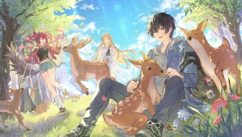 !? 1boy 2girls absurdres alternate_costume backpack bag bag_charm black_bag black_hair black_pants black_shirt blank_eyes blonde_hair blue_jacket blue_sky boo_1 breasts cartethyia_(wuthering_waves) charm_(object) commentary commentary_request day deer denim denim_shorts english_commentary feeding_animal grey_hoodie guest_art highres holding holding_bag hood hood_down hoodie jacket long_hair looking_at_viewer lupa_(wuthering_waves) male_rover_(wuthering_waves) medium_breasts mixed-language_commentary multiple_girls nara_(city) off_shoulder one_eye_closed open_mouth outdoors pants pink_hair pink_jacket rover_(wuthering_waves) shirt shorts sitting skirt sky smile tail twintails white_bag white_jacket white_skirt wind wolf_tail wuthering_waves yellow_eyes