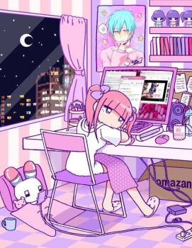 1girl alien amazon_(company) animal animal_slippers artist_name blanket blunt_bangs book bookshelf bow box building bunny_slippers cable cellphone chair charger checkered_floor cityscape closed_mouth coffee_mug computer_keyboard computer_mouse cosmetics covering_with_blanket crescent_moon cup curtains desk expressionless ezaki_bisuko figure hair_bow head_rest heart holding holding_phone hood looking_to_the_side menhera-chan_(ezaki_bisuko) menhera-chan_(ezaki_bisuko)_(character) monitor moon mug night open_window phone pill pillow pink_pillow pink_theme plug polka_dot polka_dot_blanket poster_(object) purple_bow purple_eyes rabbit shirt short_twintails sidelocks signature sitting sky skyscraper slippers smartphone speaker star_(symbol) stuffed_animal stuffed_toy teddy_bear twintails usatan_(ezaki_bisuko) white_footwear white_shirt window window_(computing)
