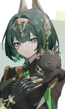1girl black_gloves bracelet breasts cat chest_jewel claw_ring earrings elbow_gloves eye_tattoo genshin_impact gloves green_eyes green_hair green_shirt headpiece highres jewelry large_breasts looking_at_viewer medium_hair nefer_(genshin_impact) shirt smile suwa_(swk_kkk) tattoo usekh_collar
