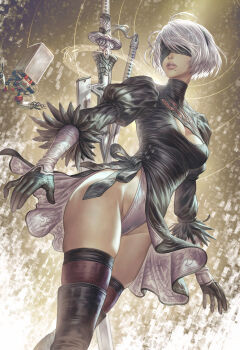 1girl 2b_(nier:automata) arina_nary black_dress black_gloves black_hairband black_thighhighs blindfold boots breasts clothing_cutout covered_eyes dress feather-trimmed_sleeves gloves hairband highres holding holding_behind_back holding_weapon_behind_back juliet_sleeves katana leotard long_sleeves mole mole_under_mouth nier nier:automata nier_(series) pod_(nier:automata) puffy_sleeves short_hair solo sword sword_on_back thigh_boots thighhighs virtuous_contract weapon weapon_on_back white_hair