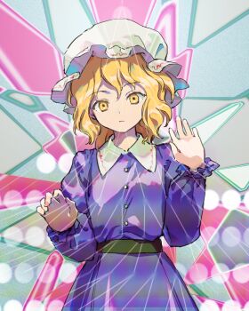 1girl abstract_background blonde_hair closed_mouth commentary_request dress expressionless hair_between_eyes hat highres kaigen_1025 long_sleeves maribel_hearn medium_hair mob_cap purple_dress solo touhou wavy_hair yellow_eyes