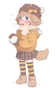 1girl absurdres animal_ears beanie blue_eyes bow brown_gloves brown_hair brown_hat brown_shoes brown_skirt brown_thighhighs butter_(trickcal) child coat commentary_request dog_ears dog_girl enpera fang full_body fur-trimmed_hood fur_trim gloves hat hat_bow highres holding holding_snowball hood hood_down hooded_coat long_sleeves looking_at_viewer open_mouth orange_coat plaid_clothes plaid_skirt pleated_skirt pom_pom_(clothes) pom_pom_beanie possummachine scarf shoes skirt smile snot snowball solo standing striped_clothes striped_thighhighs thighhighs trickcal two-tone_thighhighs winter_clothes yellow_bow yellow_scarf yellow_thighhighs