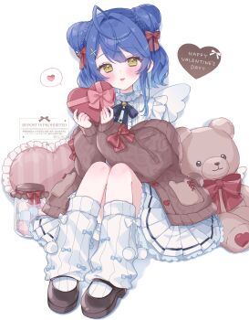 1girl absurdres ahoge amamiya_kokoro angel_wings blue_hair bow box braid brown_cardigan bun_with_braided_base cardigan collar double_bun dress english_text fake_wings food frilled_collar frilled_dress frills full_body hair_between_eyes hair_bow hair_bun hair_intakes hair_ornament happy_valentine heart heart-shaped_box highres holding holding_box jar long_sleeves looking_at_viewer marshmallow mary_janes mugichoco nijisanji off_shoulder pleated_dress puffy_long_sleeves puffy_sleeves red_bow shoes side_up_bun single_horizontal_stripe sitting sleeve_bow sleeves_past_wrists smile socks solo spoken_heart stuffed_animal stuffed_toy teddy_bear virtual_youtuber watermark white_dress white_socks wings x_hair_ornament yellow_eyes