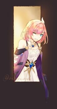 1girl ;) bare_shoulders blue_eyes breasts coat cyrene_(aedes_elysiae)_(honkai:_star_rail) cyrene_(honkai:_star_rail) dress hair_ornament highres honkai:_star_rail honkai_(series) jewelry looking_at_viewer multicolored_hair necklace one_eye_closed pink_hair purple_coat short_hair small_breasts smile solo through_window twintails two-tone_hair white_dress white_hair zassou_biyori