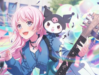 1girl bang_dream! bang_dream!_it&#039;s_mygo!!!!! black_choker blue_jacket blurry blurry_background blush chihaya_anon choker confetti electric_guitar esp_guitars fang game_cg grey_eyes guitar guitar_strap holding holding_plectrum instrument jacket jewelry kuromi long_hair necklace official_art onegai_my_melody open_mouth pink_hair plectrum sanrio teeth third-party_source upper_teeth_only