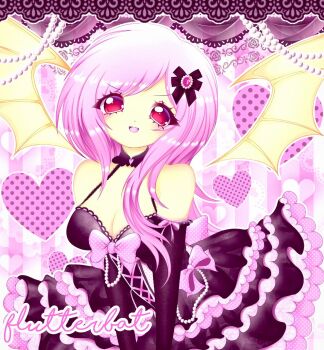 2000s_(style) :3 bat_wings black_dress bow breasts colored_skin dress fluttershy fluttershy_(equestria_girls) hair_bow happy heart highres honeybutterbiscuitz humanization jewelry lace_trim long_hair medium_breasts my_little_pony my_little_pony:_equestria_girls my_little_pony:_friendship_is_magic necklace pearl_necklace personification pink_bow pink_hair red_eyes spaghetti_strap vampire wings yellow_skin