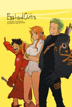 1girl 2boys arm_up bare_shoulders black_hair black_jacket black_pants boots bracelet breasts closed_eyes closed_mouth commentary_request crossed_arms earrings facial_scar feet_out_of_frame gloves green_hair hat headphones high_collar highres holding hooded_leotard index_finger_raised jacket jewelry katana knee_boots large_breasts leotard long_hair long_sleeves looking_at_viewer looking_to_the_side monkey_d._luffy multiple_boys nami_(one_piece) official_alternate_costume one_eye_closed one_piece open_mouth orange_eyes orange_hair pants parted_lips pink_boots plytometo red_boots red_gloves red_jacket roronoa_zoro scar scar_across_eye scar_on_cheek scar_on_face short_hair simple_background single_sidelock smile standing straw_hat sword sword_on_back teeth thighs unworn_headwear weapon weapon_on_back white_leotard yellow_background