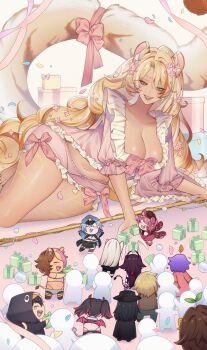 6+girls animal_ears blonde_hair breasts cleavage green_eyes highres indie_virtual_youtuber kuzeri large_breasts leowyn_(vtuber) midriff multiple_girls navel size_difference smile tagme tail