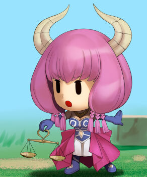 1girl :o a1_(initial-g) aura_(sousou_no_frieren) balance_scale blue_boots blue_gloves boots braid breasts chibi cleavage clothing_cutout commentary_request curled_horns elbow_gloves full_body gloves highres holding_scale horns large_breasts navel_cutout nintendo open_mouth parody solid_oval_eyes solo sousou_no_frieren style_parody the_legend_of_zelda the_legend_of_zelda:_echoes_of_wisdom weighing_scale