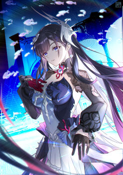 1girl absurdres air_bubble artist_logo asymmetrical_gloves black_gloves black_hair blue_background blue_eyes breasts bubble cleavage commentary dress dutch_angle earrings fish floating_hair gloves gradient_background hair_ornament hand_up highres honkai:_star_rail honkai_(series) hysilens_(honkai:_star_rail) jewelry large_breasts lens_flare logo long_hair long_sleeves looking_ahead mismatched_gloves multicolored_dress necklace parted_lips pearl_earrings pearl_necklace pillar print_sleeves purple_dress red_gloves shrug_(clothing) solo structure tongyu underwater very_long_hair x_hair_ornament