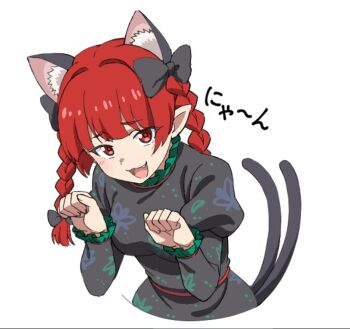 1girl animal_ears black_bow black_dress bow braid cat_ears cat_girl cat_tail commentary_request dress ear_bow extra_tails fang frilled_sleeves frills kaenbyou_rin long_sleeves looking_at_viewer maita open_mouth pointy_ears print_dress red_eyes red_hair solo tail touhou twin_braids white_background