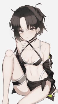 1girl ahoge bare_shoulders bikini black_bikini black_jacket breasts brown_hair choker cleavage commentary_request fate/grand_order fate_(series) grey_eyes highres jacket long_sleeves looking_at_viewer mati5572 medium_breasts multicolored_bikini navel off_shoulder parted_bangs ryougi_shiki ryougi_shiki_(swimsuit_mooncancer)_(first_ascension) sarong short_hair sitting swimsuit thighs two-tone_bikini white_bikini