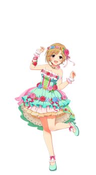 1girl aiba_yumi breasts brown_hair cleavage dress flower flower_wreath high_heels idol_clothes idolmaster idolmaster_cinderella_girls idolmaster_cinderella_girls_starlight_stage official_art one_leg_raised open_mouth solo transparent_background wrist_cuffs