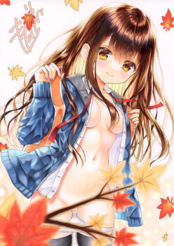 1girl autumn_leaves blue_cardigan branch breasts brown_eyes brown_hair cardigan closed_mouth commentary_request convenient_censoring cowboy_shot hands_up highres leaf light_blush long_hair long_sleeves looking_at_viewer maple_leaf marker_(medium) medium_breasts motage_illust naughty_face navel no_bra open_cardigan open_clothes open_shirt original panties panty_pull shirt simple_background smile solo stomach traditional_media unbuttoned underwear watermark white_background white_panties white_shirt
